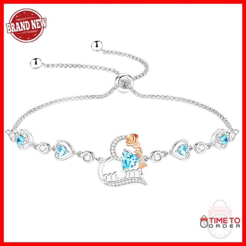 Sterling Silver Aquamarine Birthstone Heart Bracelet Adjustable 9 Inch